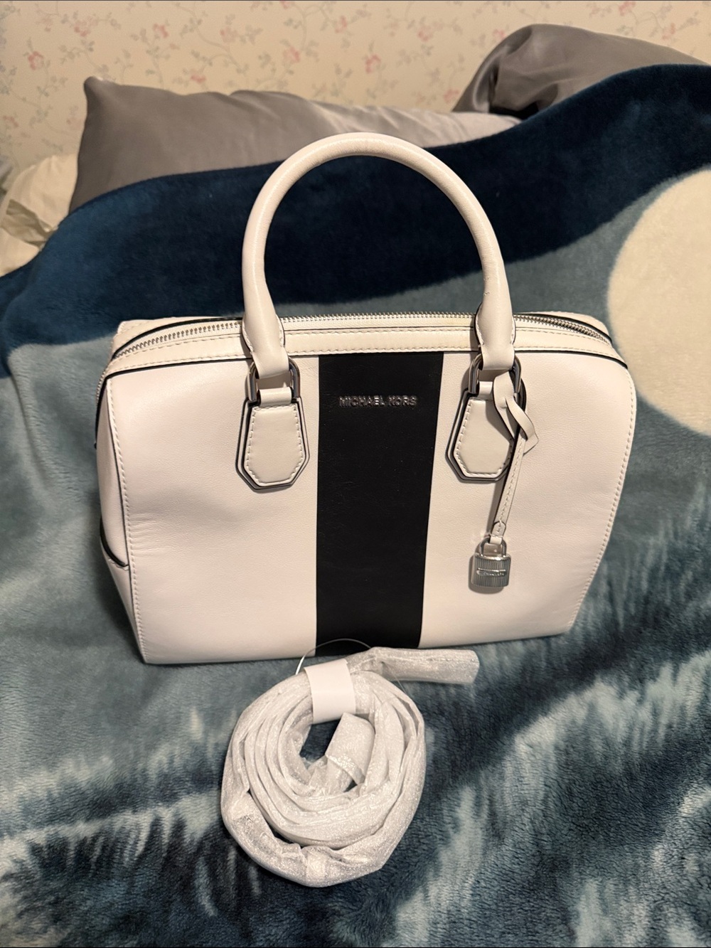 Michael Kors White Leather Satchel with Black Center Stripe